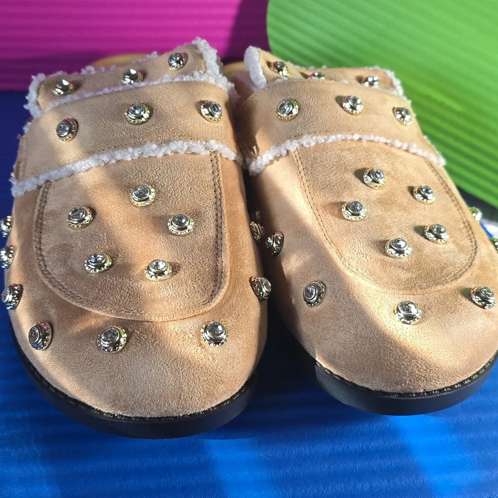 Studded Suede Shearling-Trim Mule Clogs worn once around the house - Picture 6 of 15